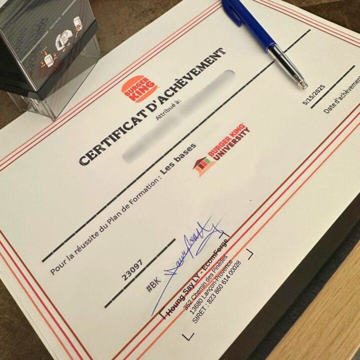 Formation professionnelle en partenariat avec Handiwork et Burger King Certification de réussite de la formation