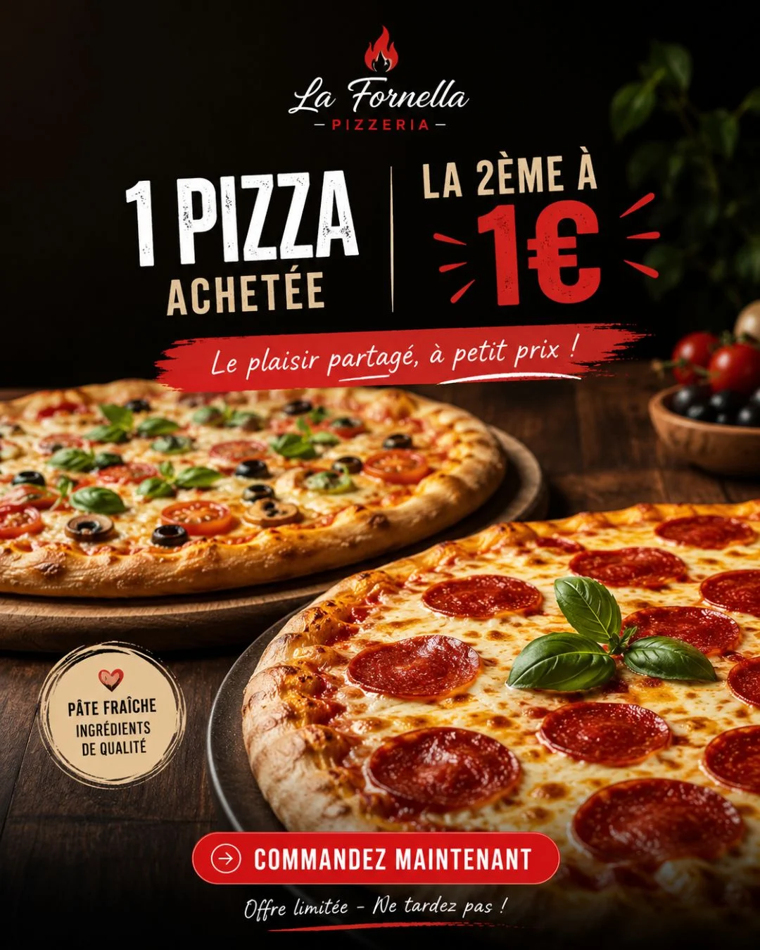 Exemple de publicité réseaux sociaux pour une pizzeria, conçu par EcomForge Exemple de publicité réseaux sociaux pour une pizzeria, conçu par EcomForge