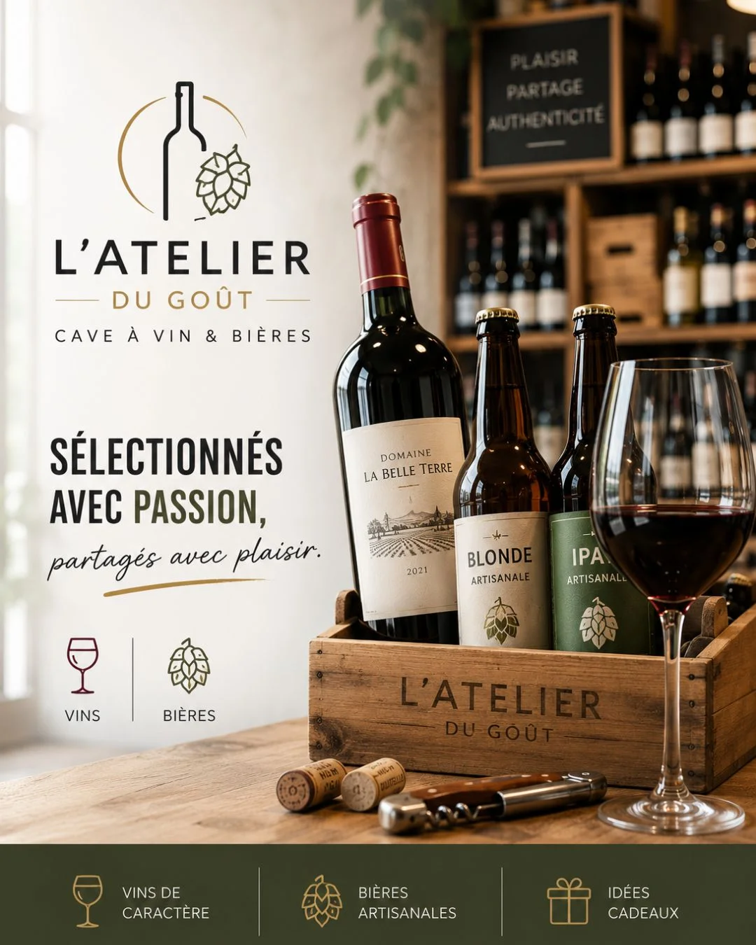 Exemple de publication Instagram pour un caviste et bar à bière, créé par EcomForge Exemple de publication Instagram pour un caviste et bar à bière, créé par EcomForge